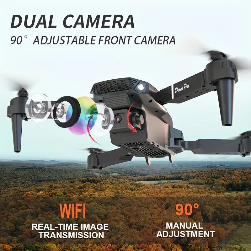 Mini DroneE88Dual Camera Drone，ABSMaterial，USBRechargeable Lithium Battery，Foldable Body，Easy to understand and operate，Nice ind
