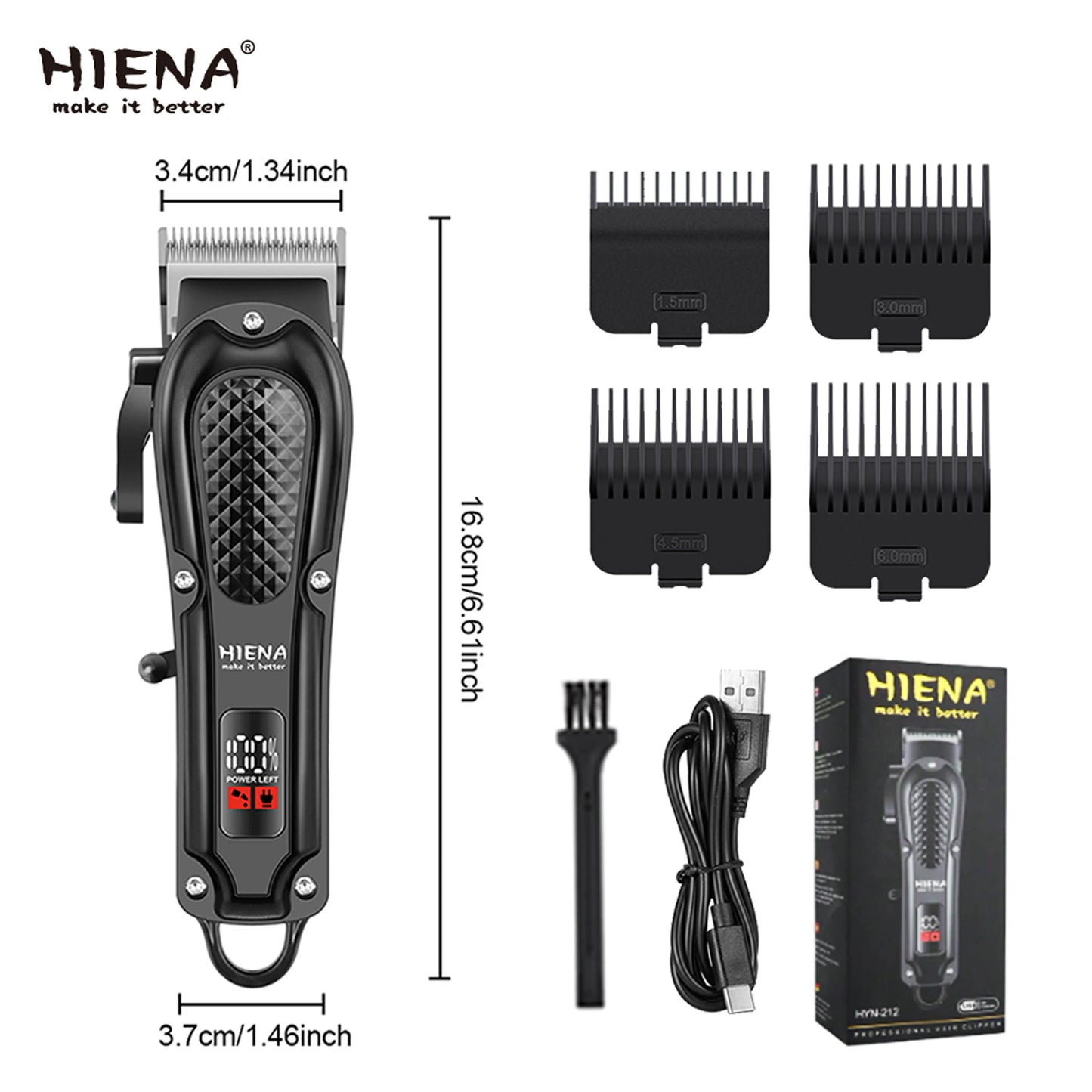 hiena Hair Clipper Professional Hair Cutting Machine Adjustable Hair Trimmer Electric 9000 RPM Barber LED Clipper for Men