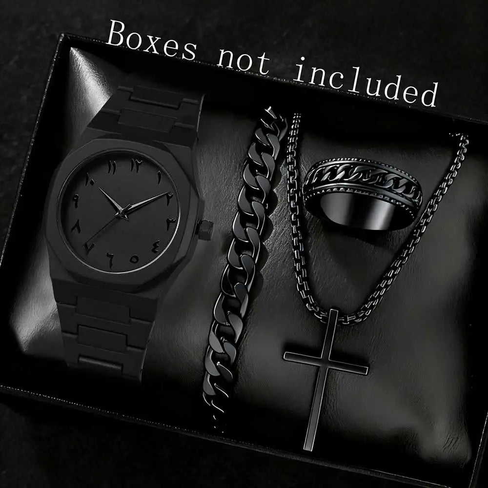 2/4PCS Black Men's Watch Set Fashion Trend Business Quartz Watch Jewelry Set Suitable for Daily Clothing Matching Perfect Gift