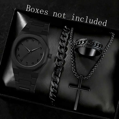 2/4PCS Black Men's Watch Set Fashion Trend Business Quartz Watch Jewelry Set Suitable for Daily Clothing Matching Perfect Gift