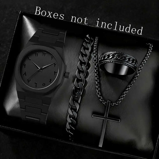 2/4PCS Black Men's Watch Set Fashion Trend Business Quartz Watch Jewelry Set Suitable for Daily Clothing Matching Perfect Gift