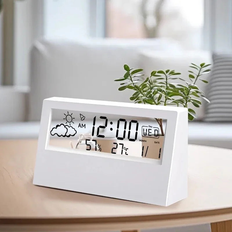 LCD Desktop Alarm Clock Transparent Calendar Weather and Digital Temperature and Humidity Display Home Appliance Smart Life