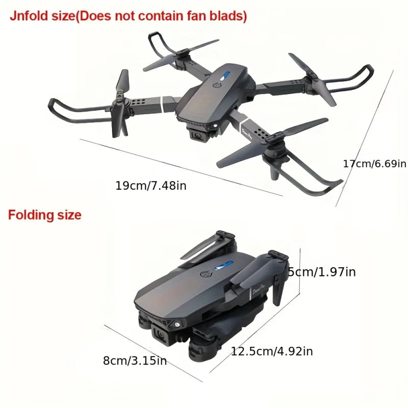 Mini DroneE88Dual Camera Drone，ABSMaterial，USBRechargeable Lithium Battery，Foldable Body，Easy to understand and operate，Nice ind