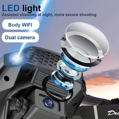 Mini DroneE88Dual Camera Drone，ABSMaterial，USBRechargeable Lithium Battery，Foldable Body，Easy to understand and operate，Nice ind