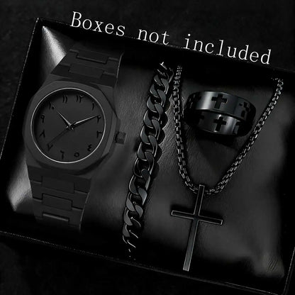 2/4PCS Black Men's Watch Set Fashion Trend Business Quartz Watch Jewelry Set Suitable for Daily Clothing Matching Perfect Gift