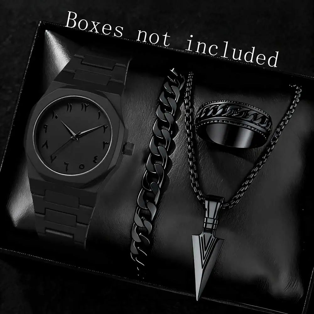 2/4PCS Black Men's Watch Set Fashion Trend Business Quartz Watch Jewelry Set Suitable for Daily Clothing Matching Perfect Gift