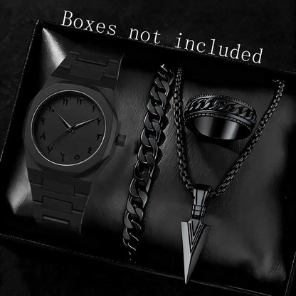 2/4PCS Black Men's Watch Set Fashion Trend Business Quartz Watch Jewelry Set Suitable for Daily Clothing Matching Perfect Gift